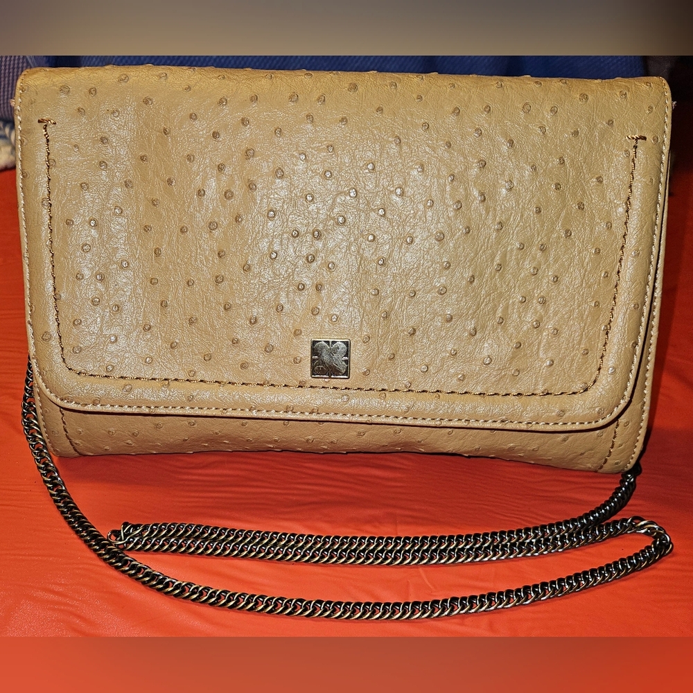 Liz Claiborne Shoulder/Clutch Vintage Tan w/Bronze Metal Faux Ostrich E.U.C.